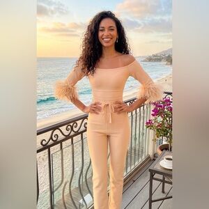 Cream 3/4 Sleeve with Ostrich Feather Trim Bandage Jumpsuit - NWT